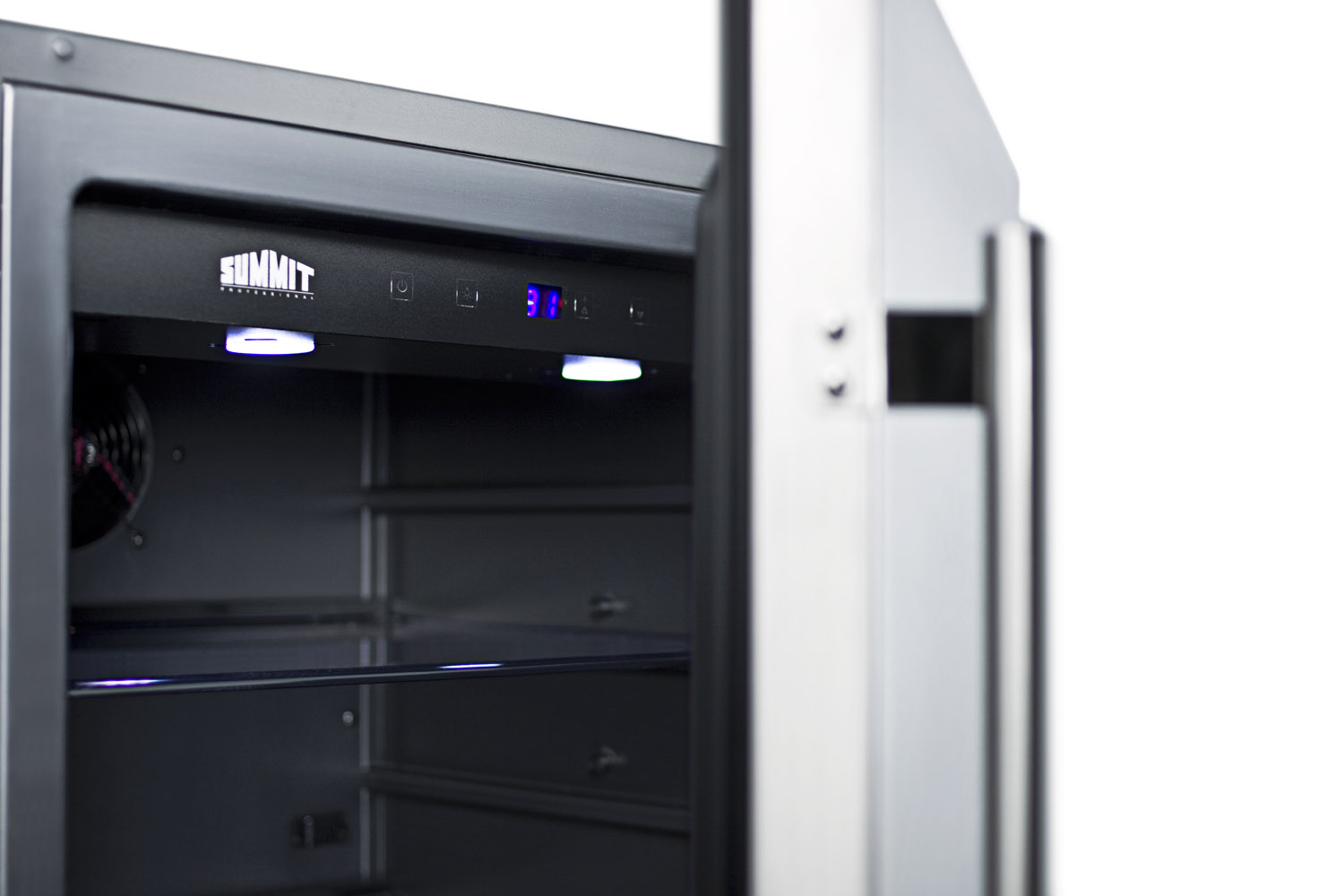 Outdoor all-refrigerator for built-in use, with lock, digital thermostat, black cabinet, and stainless steel door